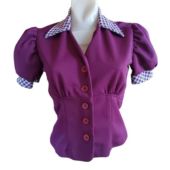 Vintage Medium Women's Top Puff Sleeves Texas Purple Blouse Gingham Collar Crop - Picture 2 of 5